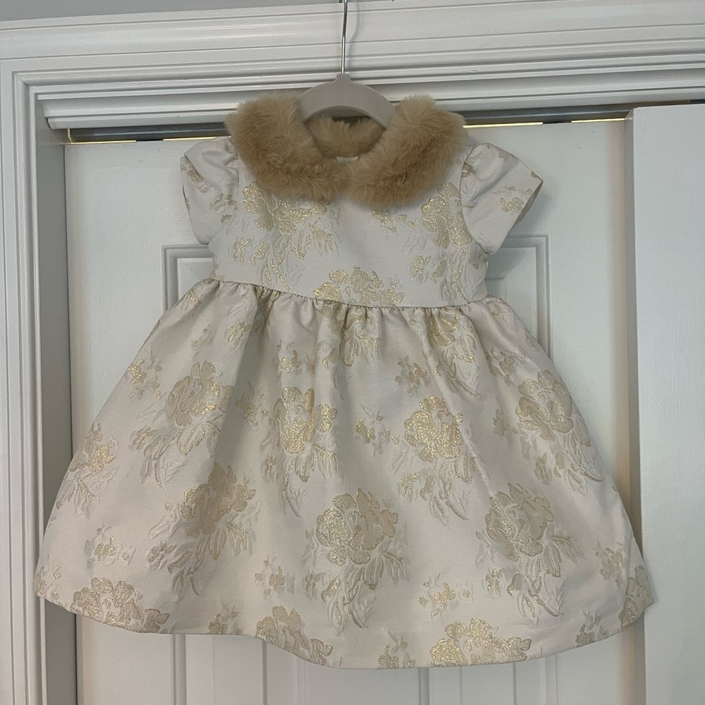 Janie and Jack Cream with gold floral design & tan fun collar